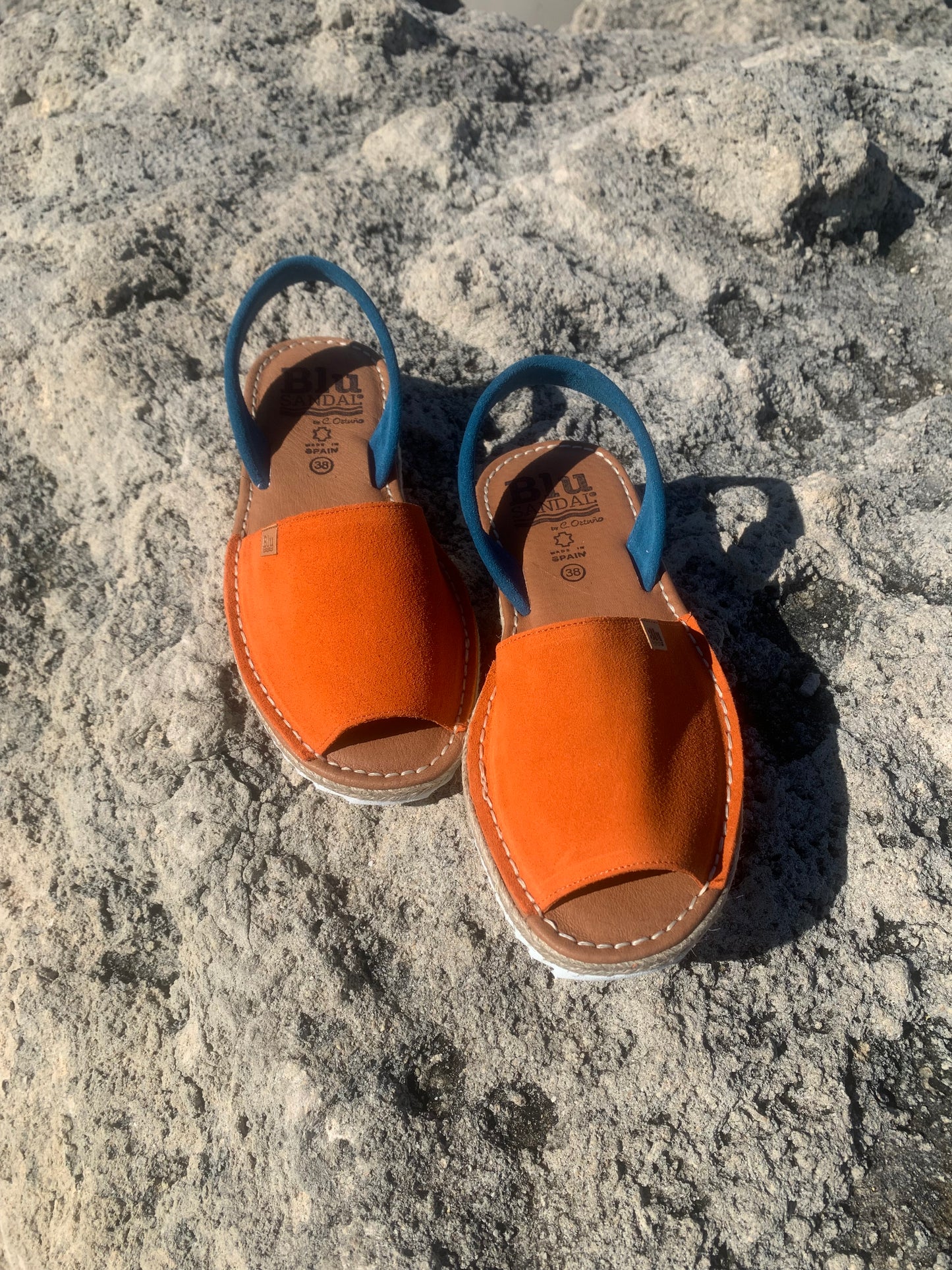 Orange Suede Leather Sandals with Blue Backstrap & White Sole – Size 38,39,42 left.