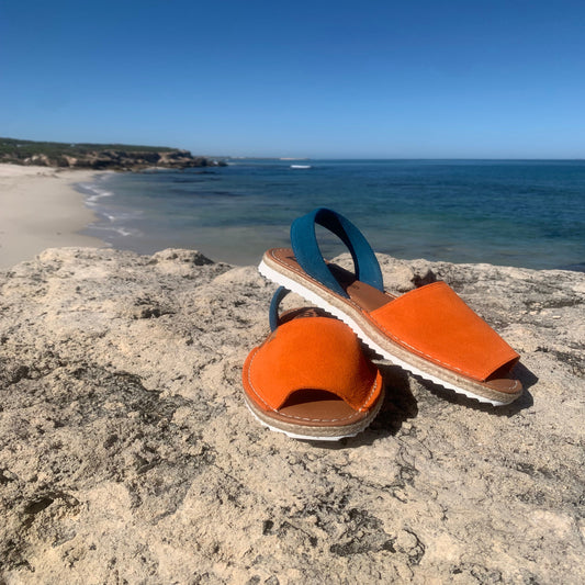 Orange Suede Leather Sandals with Blue Backstrap & White Sole – Size 38,39,42 left.