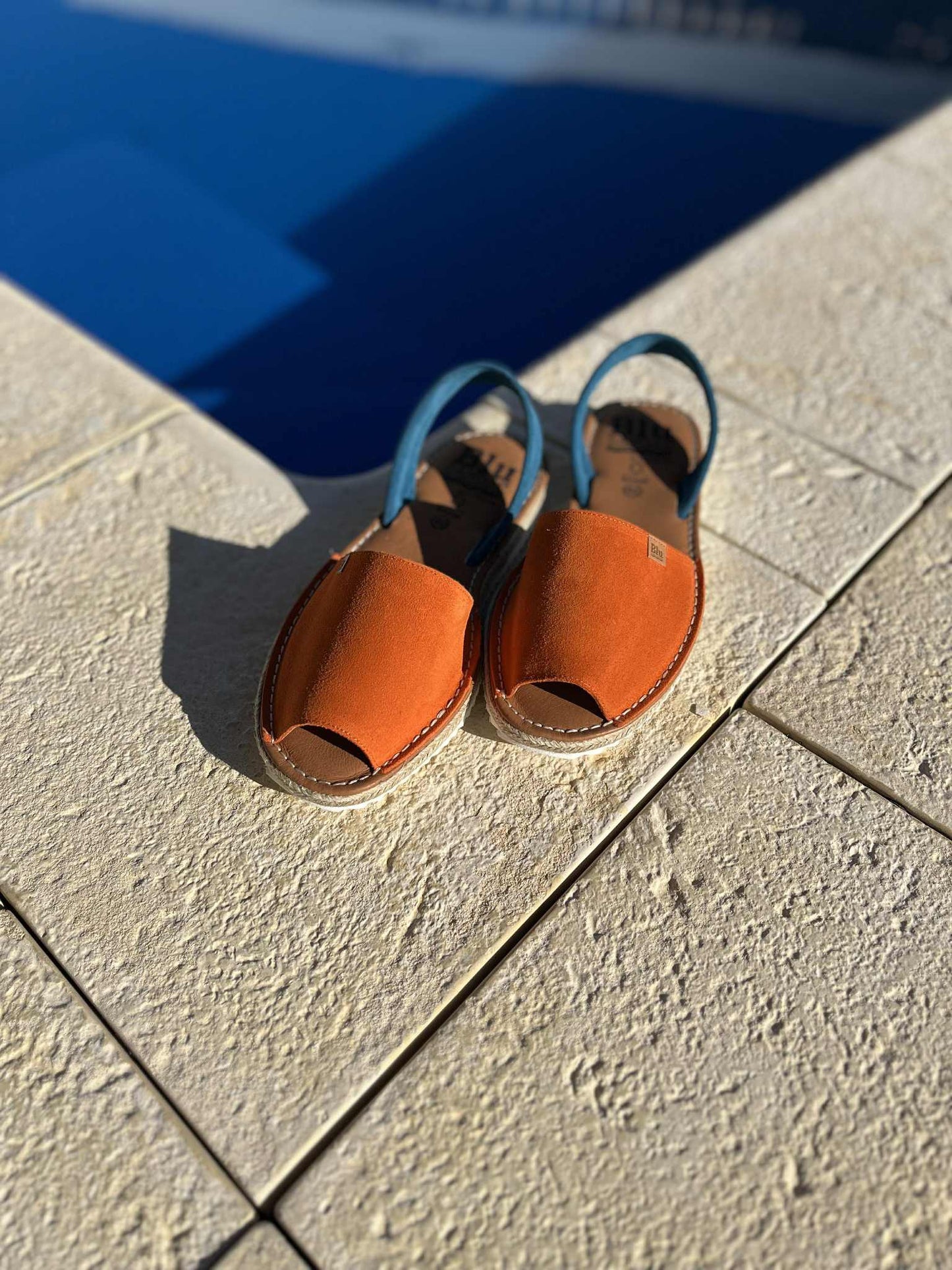 Orange Suede Leather Sandals with Blue Backstrap & White Sole – Size 38,39,42 left.