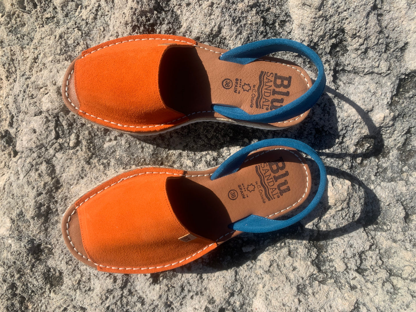 Orange Suede Leather Sandals with Blue Backstrap & White Sole – Size 38,39,42 left.