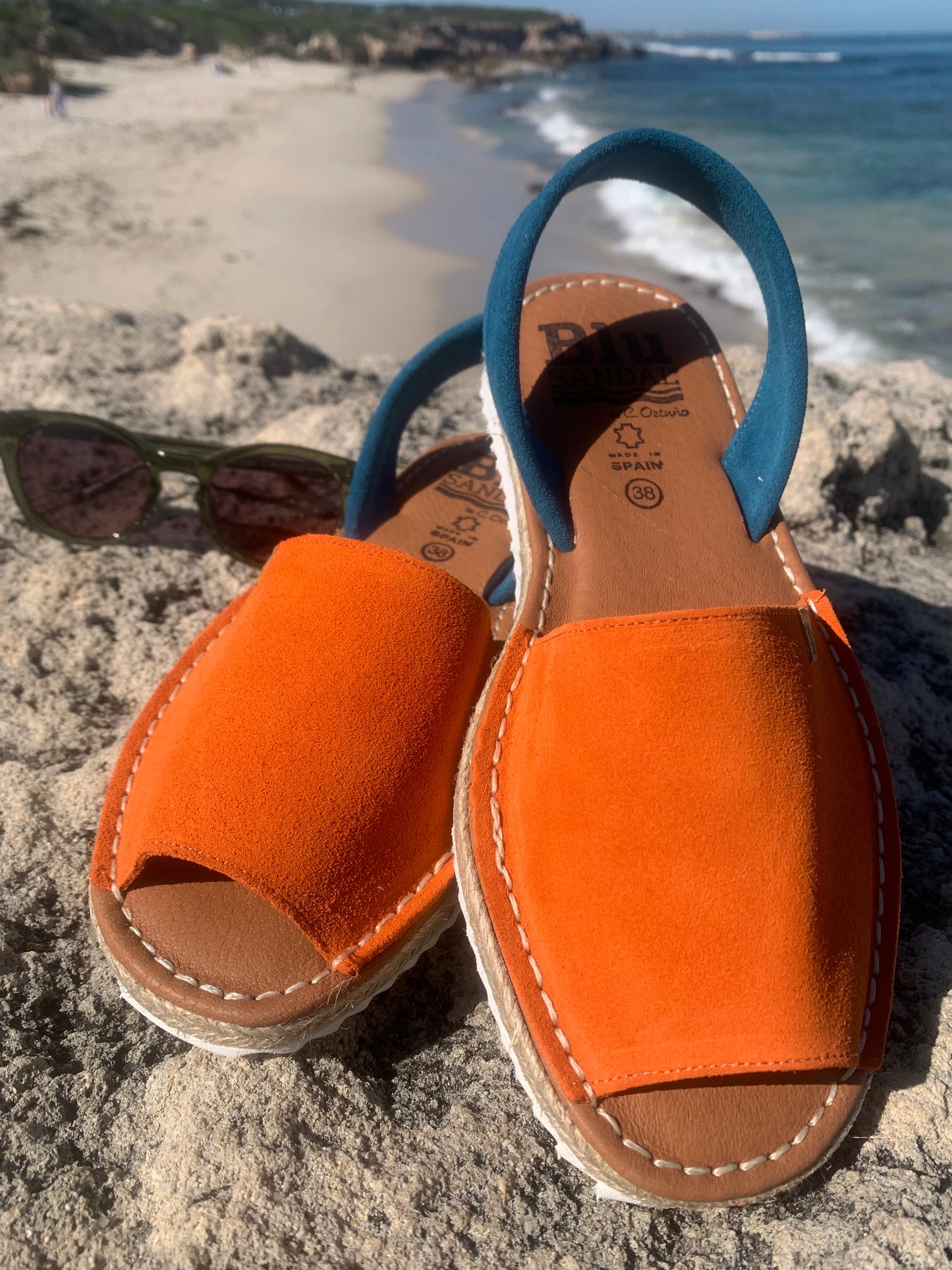 Orange Suede Leather Sandals with Blue Backstrap & White Sole – Size 38,39,42 left.