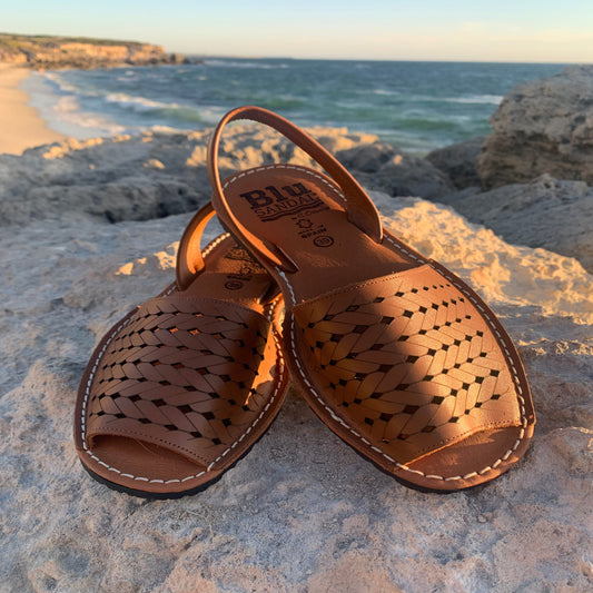 Ladies leather tan sandal with laser cut pattern