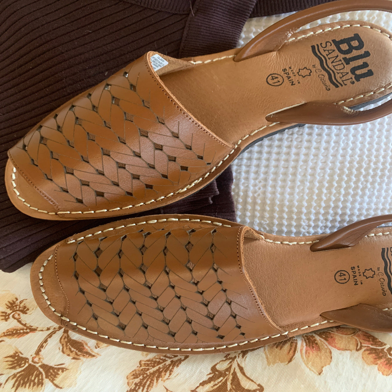 Ladies leather tan sandal with laser cut pattern flatlay