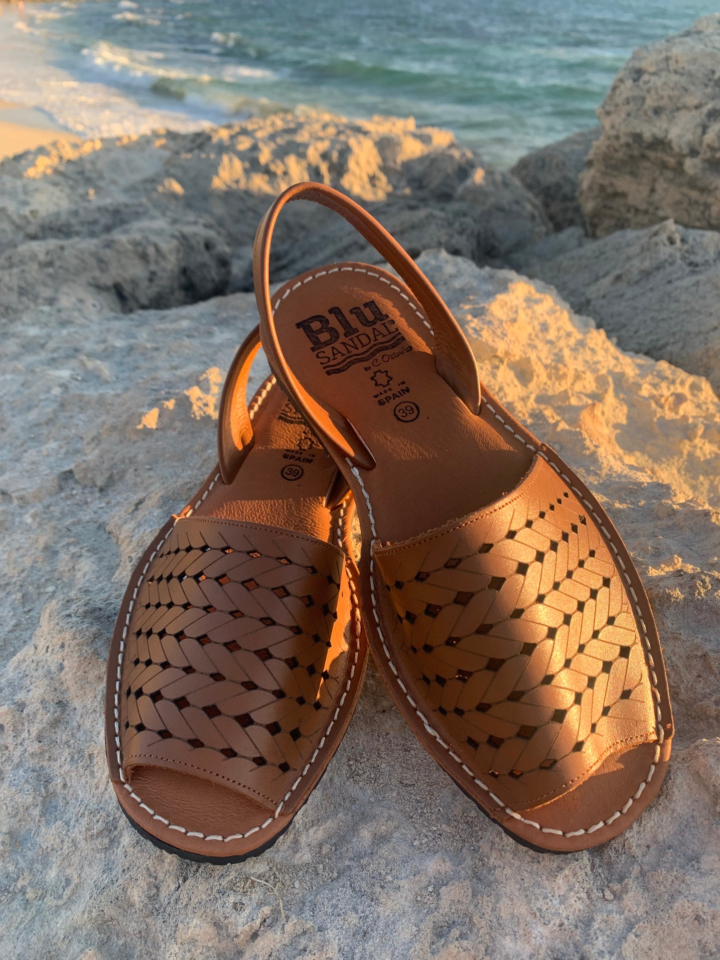 Ladies leather tan sandal with laser cut pattern sunset