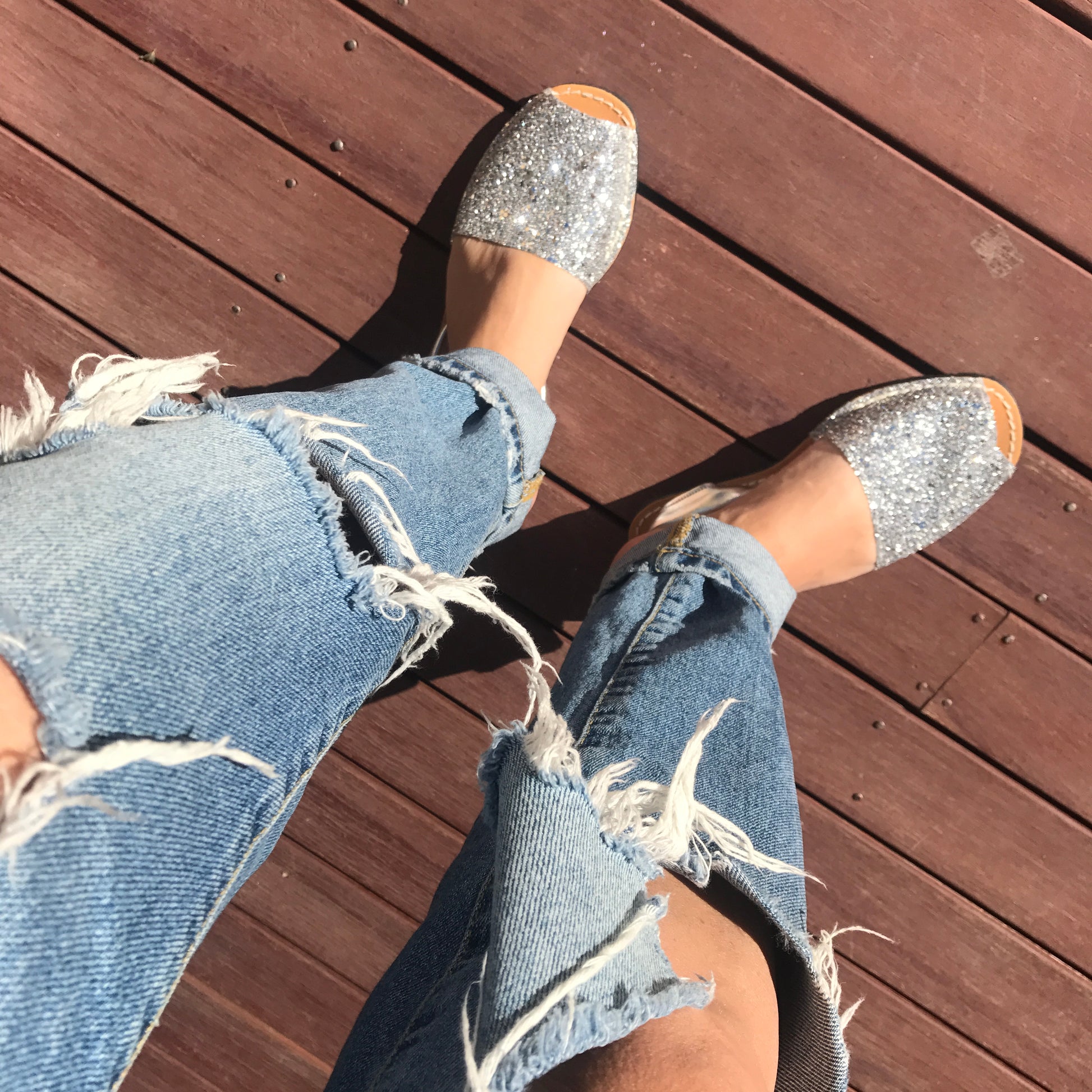 Silver Glitter Ladies leather sandal with jeans