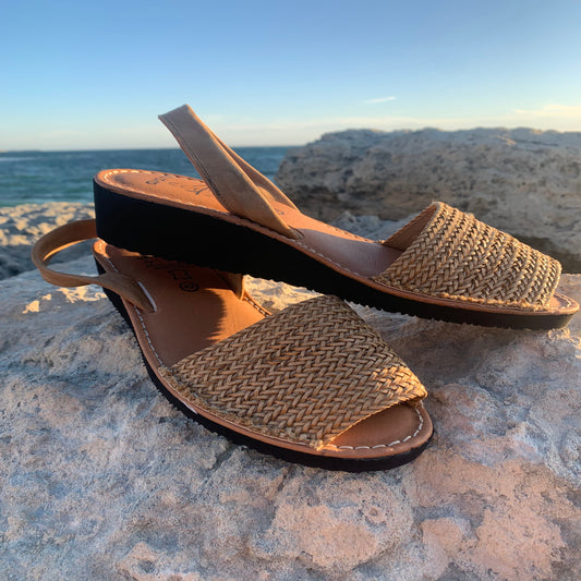 Beige Braided Ladies Leather Wedge Sandal-Sandals Handmade in Spain | Women's Avarca