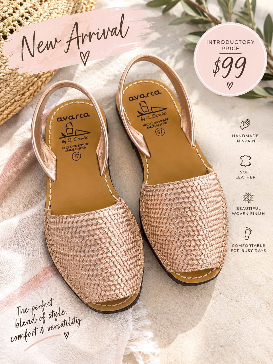 A pair of Avarca woven slingback sandals in a light pink and beige blend, displayed on a textured white fabric background with promotional text overlays and a price badge.