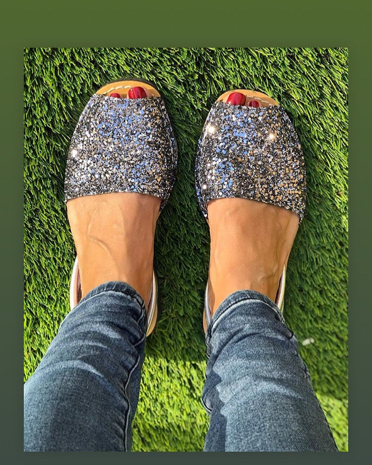 Grey Glitter Ladies Spanish Avarca Leather Sandals