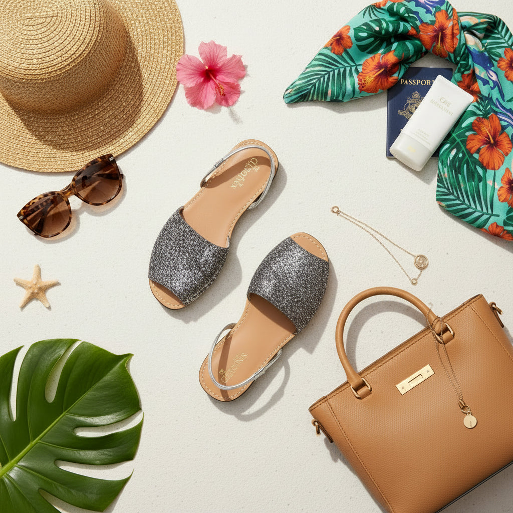 Grey Glitter Ladies Spanish Avarca Leather Sandals