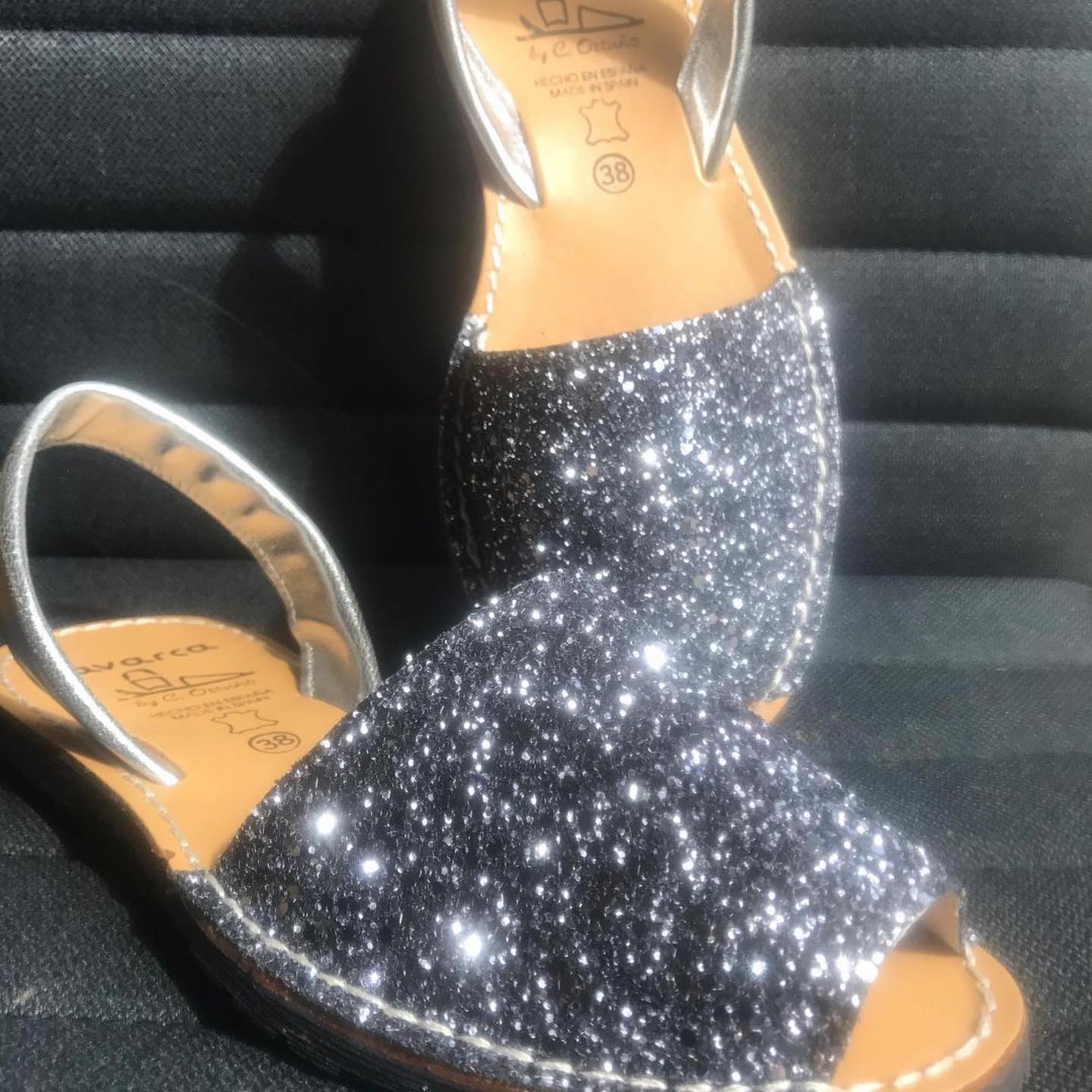 Grey Glitter Ladies Spanish Avarca Leather Sandals