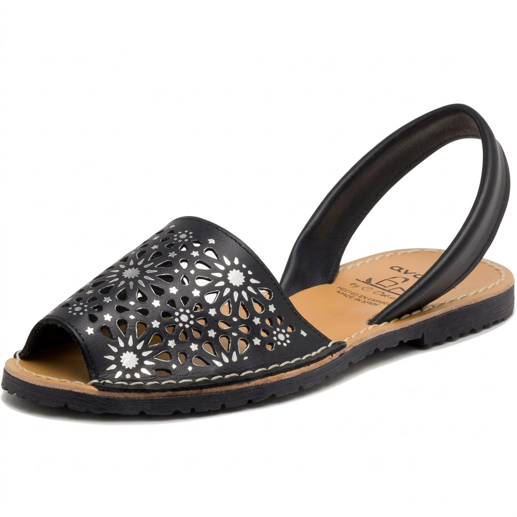 Black with silver print and cutout detail  – Ladies Leather Sandals