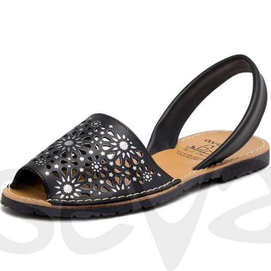 Black with silver print and cutout detail  – Ladies Leather Sandals